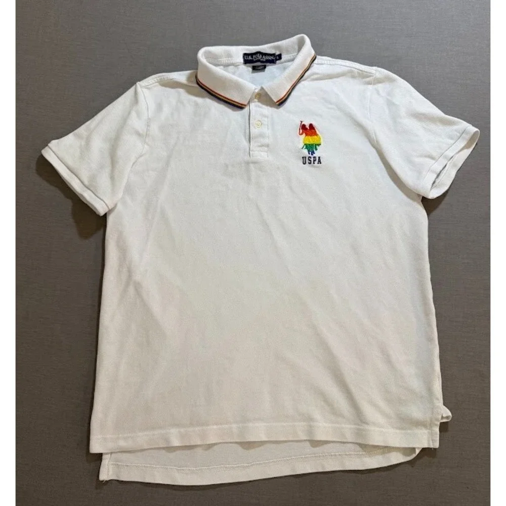 U.S. Polo ASSN. Polo Rainbow Pride Logo Shirt Adult L White Short Sleeve Button.